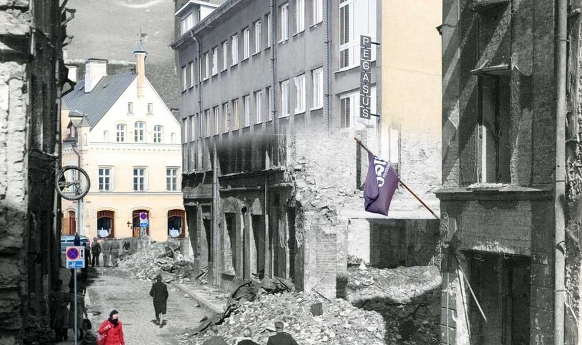 Harju tänav. Vanal fotol vaade Harju tänavale Tallinna vanalinnas 68 aastat tagasi ehk 1944. aastal. (Foto Artur Rätsep / EE arhiiv, montaaž Mart Nigola. Kõik tänapäevased fotod: Vallo Kruuser.)