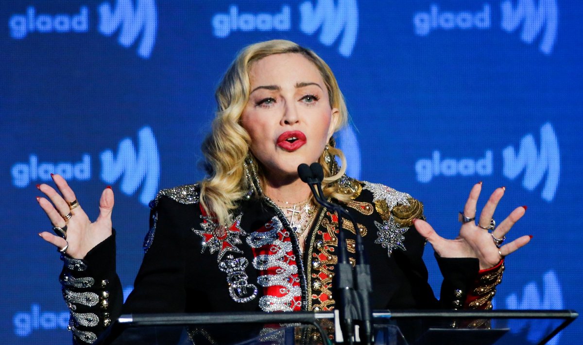 FILE PHOTO: Singer Madonna speaks to guests after receiving the Advocate for Change award during the 30th annual GLAAD awards ceremony in New York City, New York