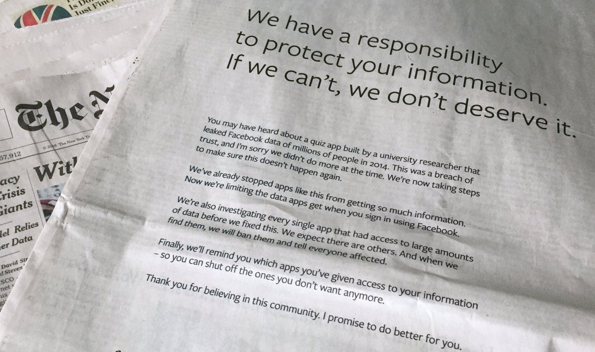 Eile avaldas Facebook paljudes USA ja Briti ajalehtedes vabanduse andmelekke eest.