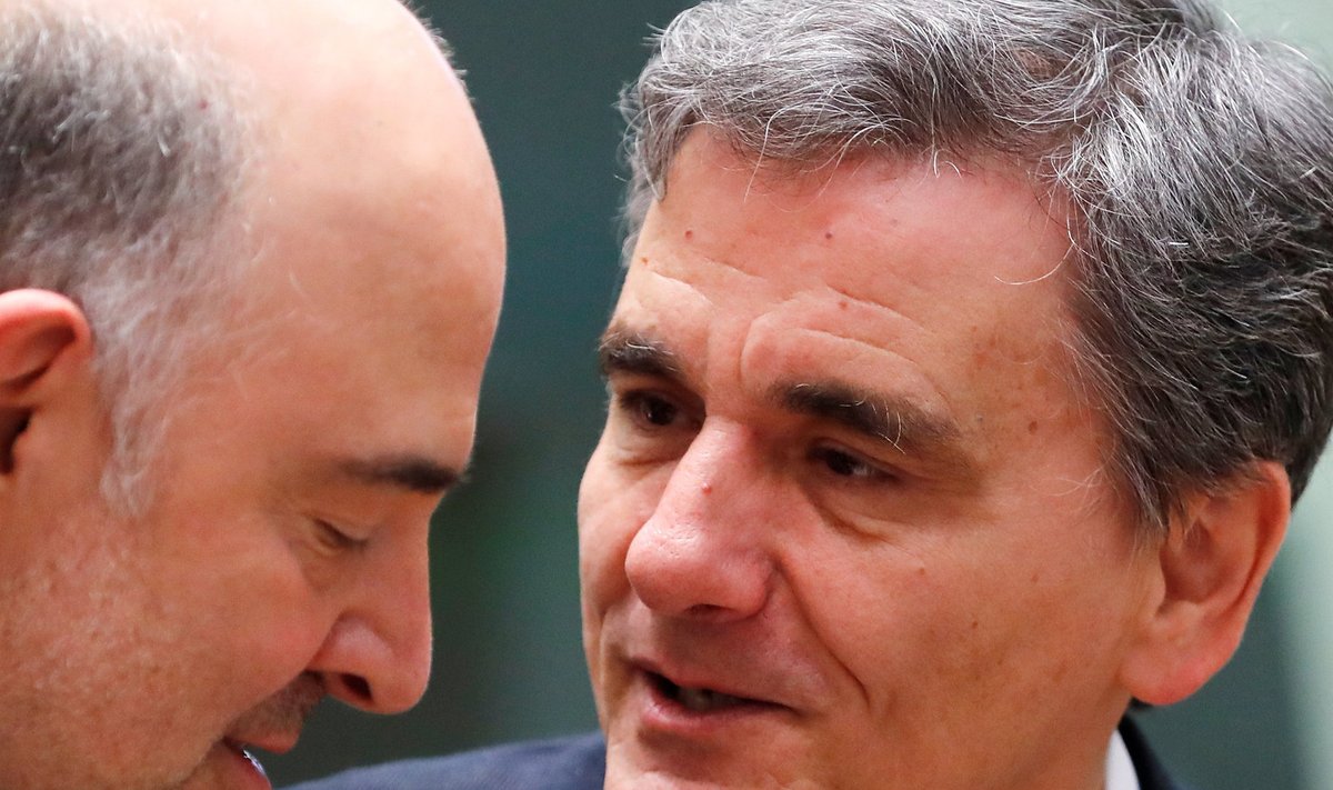 Euroopa Komisjoni majandusvolinik Pierre Moscovici ja Kreeka rahandusminister Euclid Tsakalotos eile õhtul.