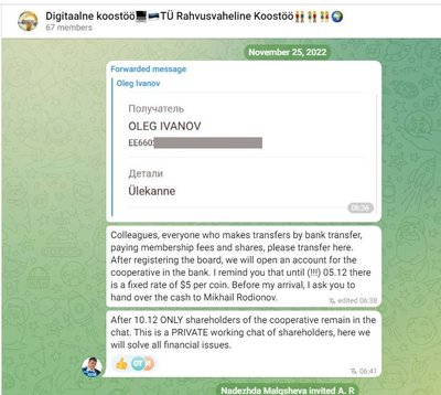 KOOS liikumise juhtfiguur Oleg Ivanov, kes hiljaaegu Eestist uurimisorganite hirmus põgenes, kirjutab Telegrami gruppi kontonumbri ja juhised, kuidas raha teenida. Tekst on masintõlgitud inglise keelde.