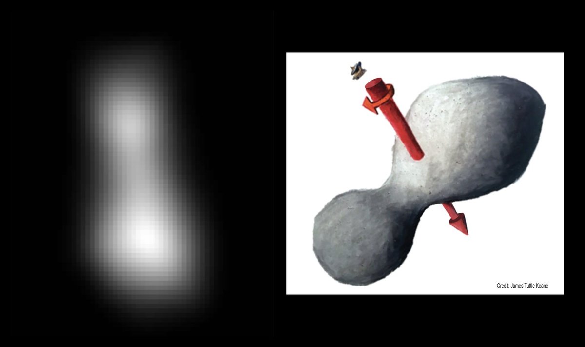 Vasakul: New Horizons sondi tehtud hägune foto. Paremal: kujutise põhjal valminud mudel ühest võimalikust variandist, milline taevakeha välja võib näha.