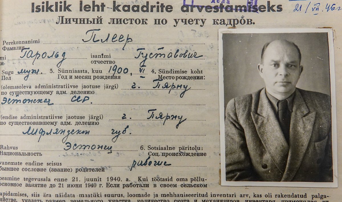 Arhiividokument aastast 1946 - Harald Pleeri isiklik leht kaadrite arvestamiseks -, mis viitab, et mees tõepoolest elas ja tegutses Eestis ka pärast sõda.