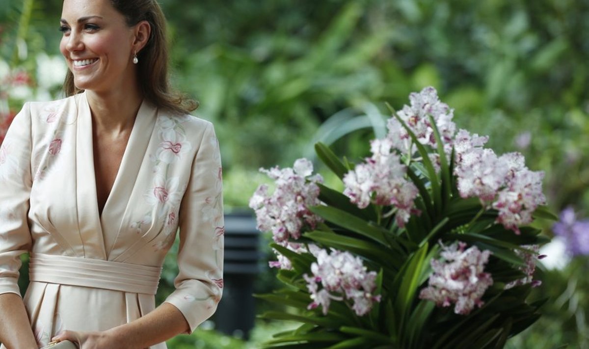 Britain's Catherine, the Duchess of Cambridge, smiles next to the Vanda William Catherine, orchid hybrids named in honour of her and Prince William, at the National Orchid Garden in the Singapore Botanic Gardens September 11, 2012. The garden is the first stop for the royal couple, who is on their three-day tour of the city-state as part of a tour to mark Queen Elizabeth II's Diamond Jubilee. REUTERS/Stephen Morrison/Pool (SINGAPORE - Tags: ENTERTAINMENT ROYALS POLITICS TRAVEL)