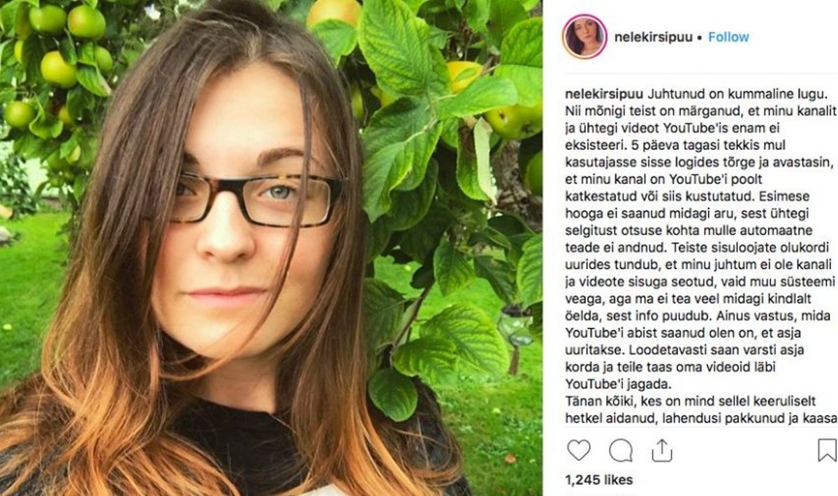 Nele Kirsipuu originaalpostitus Instagramis, kus ta teatas, et ta kanal pandi kinni