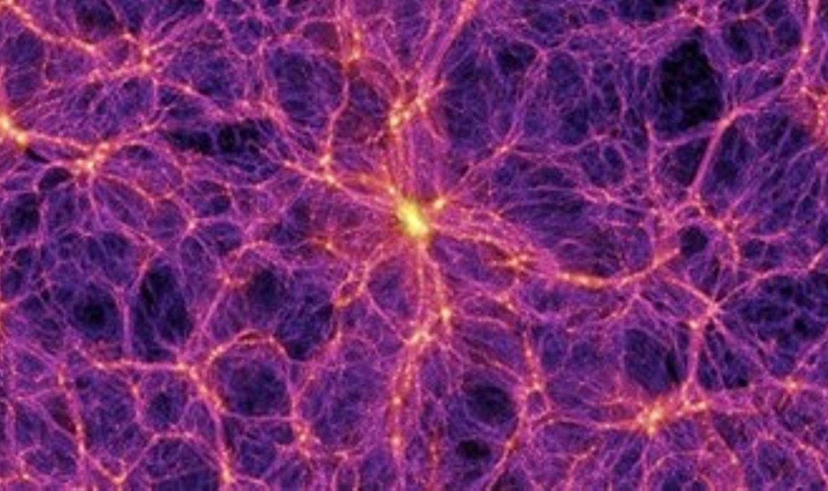 Tumeaine jaotuse numbrilistel simulatsioonidel saadud hetkepilt kosmilisest võrgustikust. Heledamad kohad tähendavad tumeaine jaotuse tihedamaid kohti. Tihedaimad kohad kujutavad tumeaine jaotust väga paljudest galaktikatest koosnevad galaktikate parvedes, peened „niitjad“ moodustised aga galaktikatest ja galaktikate gruppidest koosnevad filamendides. Näha on ka tühjemad kohad. 