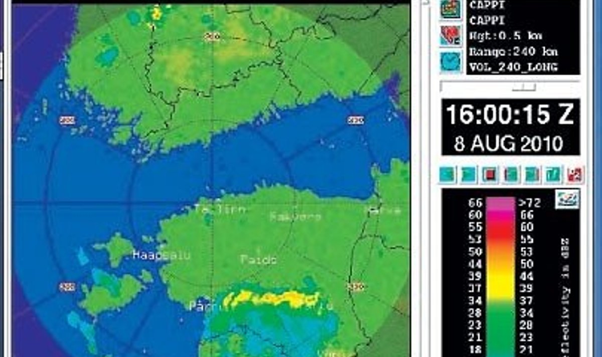 Radaripilt näitab selgelt, et derecho on 8. augustil jõudnud Tartu kohale. Meie aja järgi on kell 19, oranž värv tähistab vihma.