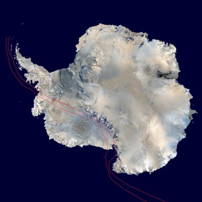Punased jooned tähistavad Antarktise satelliidifotol rifti asukohta. 