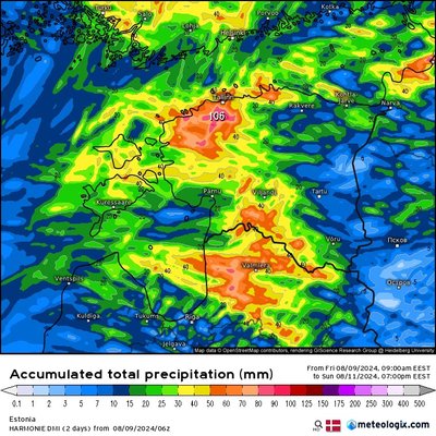 Prognoosi järgi on näha, et just Harjumaal võib maha tulla ligikaudu 100 mm vihma.