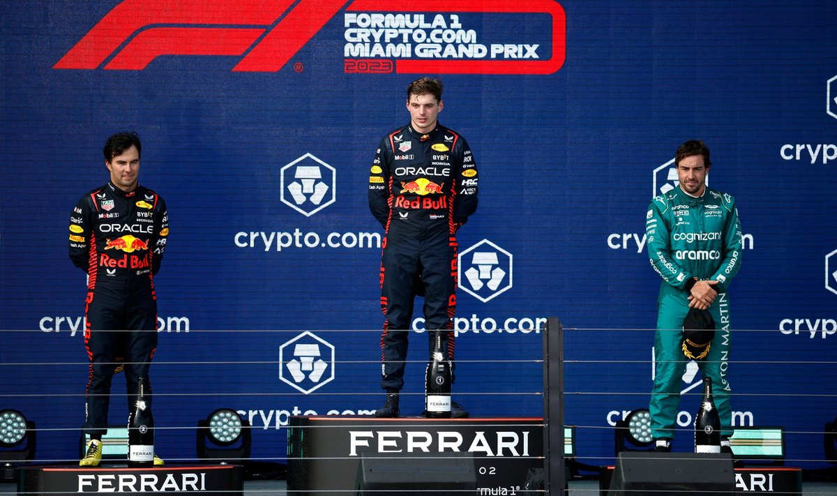 Miami GP poodium: 1. Max Verstappen, 2. Sergio Perez, 3. Fernando Alonso