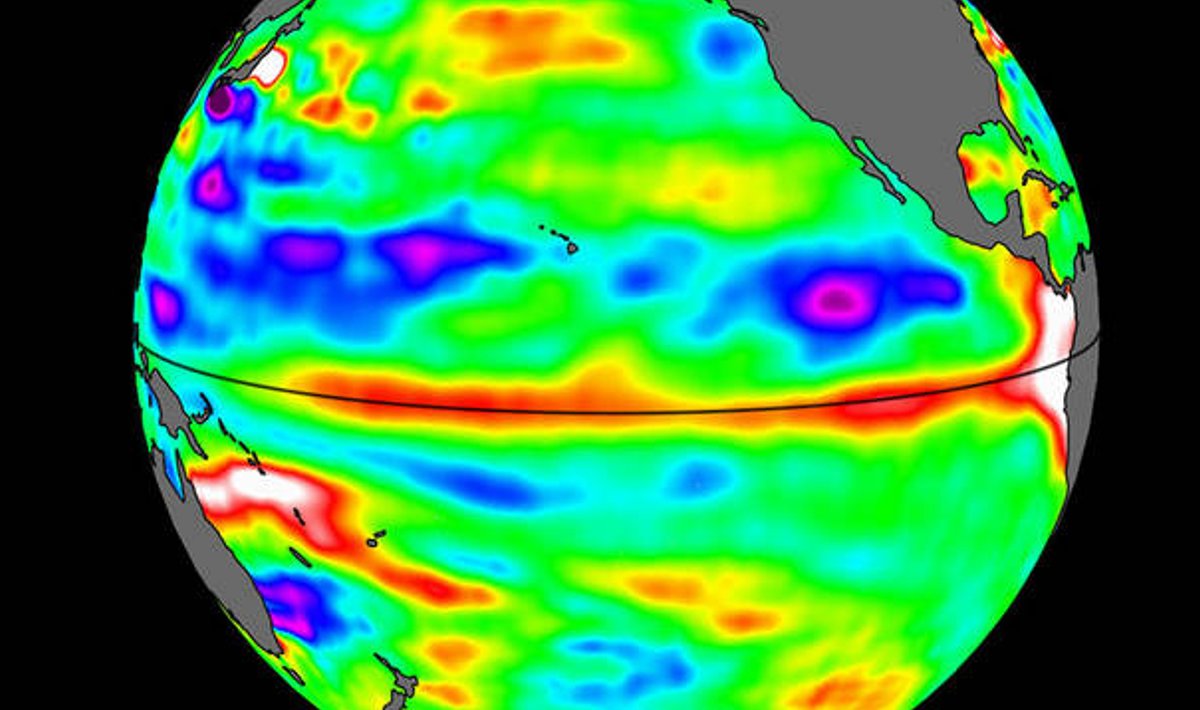 24. aprillil tehtud satelliidipilt näitas teadlastele, et El Niño on saabumas: valged ja punased alad Vaiksel ookeanil ekvaatori ümbruses on soojenenud vesi.