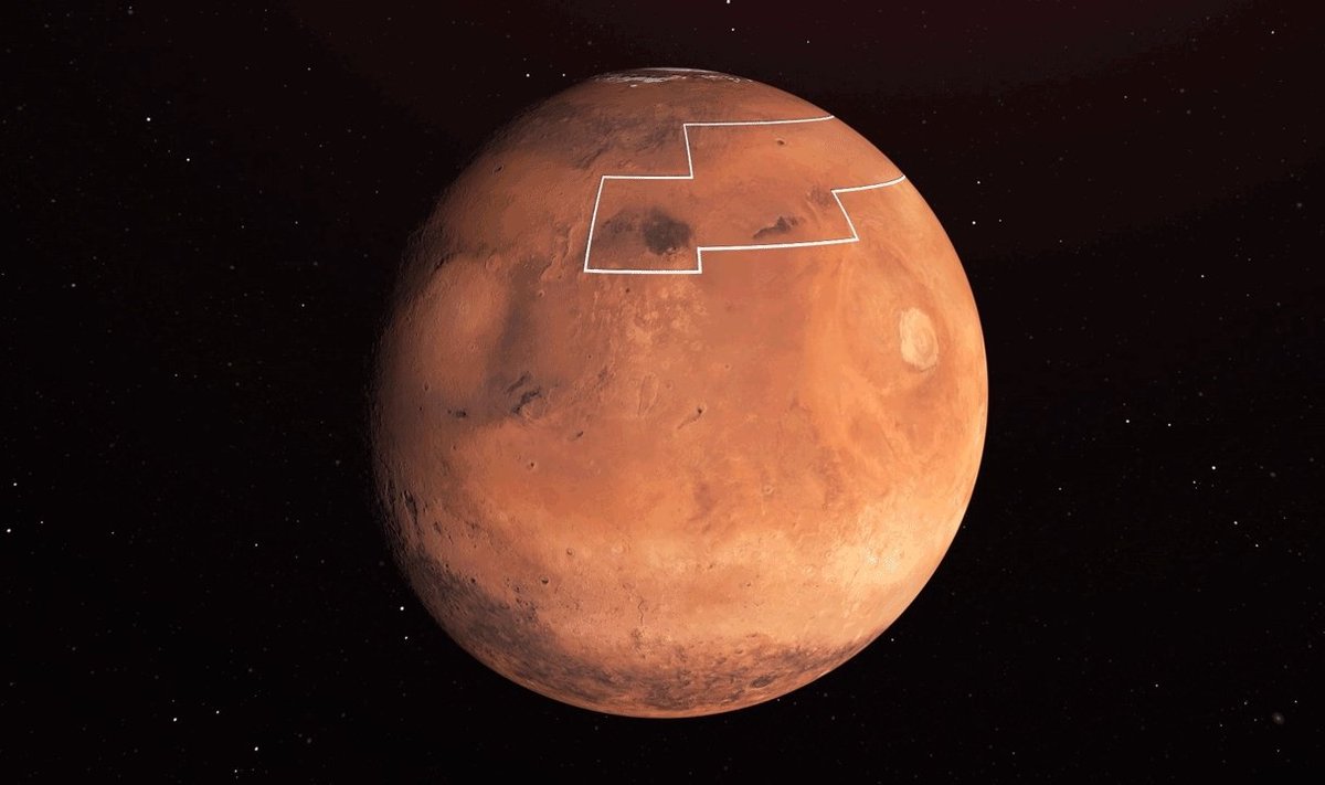 Valgega märgitud alal on jää pinnale väga lähedal ning ka muud tingimused Marsil maandumiseks sobivad.
