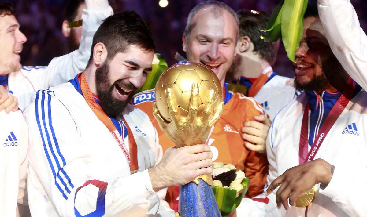 Karabatic of France celebrates with the trophy during the award ceremony for the 24th Men's Handball World Championship in Doha