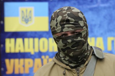Semenchenko, commander of the "Donbass" self-defence battalion, looks on during a training at a base of the National Guard of Ukraine near Kiev