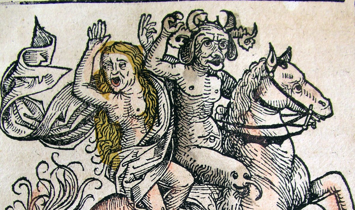 Illustrations from the Nuremberg Chronicle, by Hartmann Schedel (1440-1514) Devil and Woman on Horseback (CLXXXIXv)