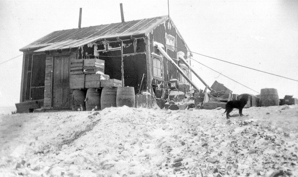 Rootslaste uurimisjaam esimese ekspeditsiooni ajal 1901. aastal. Tünnid ja kastid varjavad maja tugeva tuule eest.
