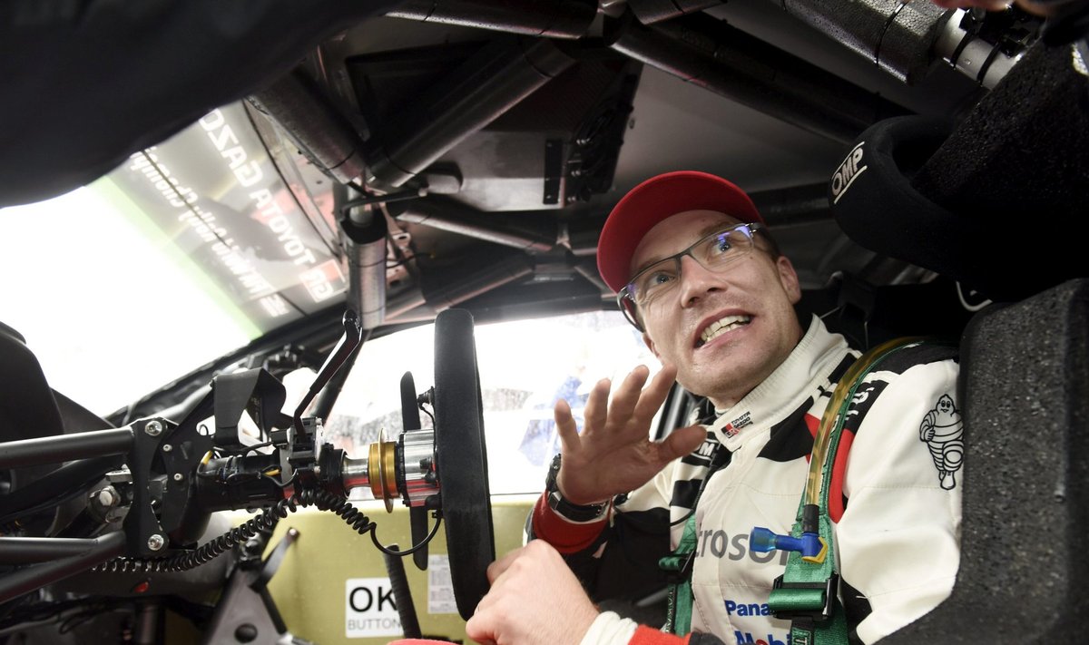 Jari-Matti Latvala of Finland is seen in Toyota Yaris WRC during a service break at the Neste Rally Finland of FIA World Rally Championship in Jyvaskyla