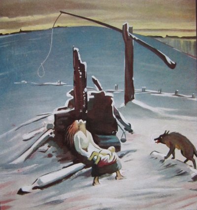 Эпидемия чумы. Картина Аарно Каримо (акварель, гуашь, прим. 1928 год"