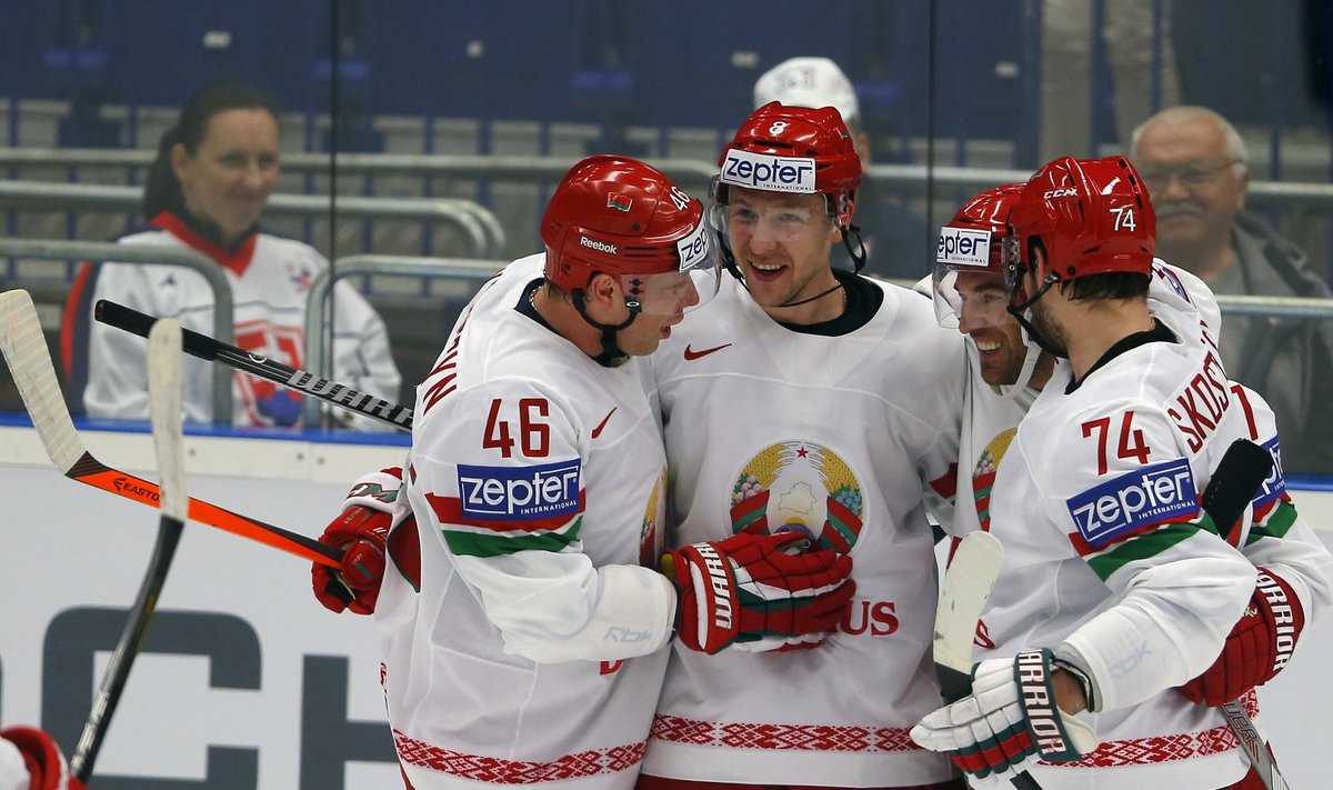 Shinkevich of Belarus celebrates his goal against Denmark with team mates during their Ice Hockey World Championship game at the CEZ arena in Ostrava