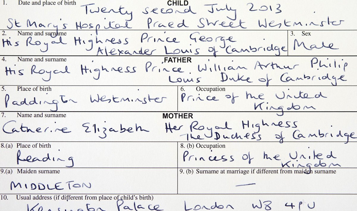 A copy of the birth register for Prince George of Cambridge is seen at Westminster Register Office in London