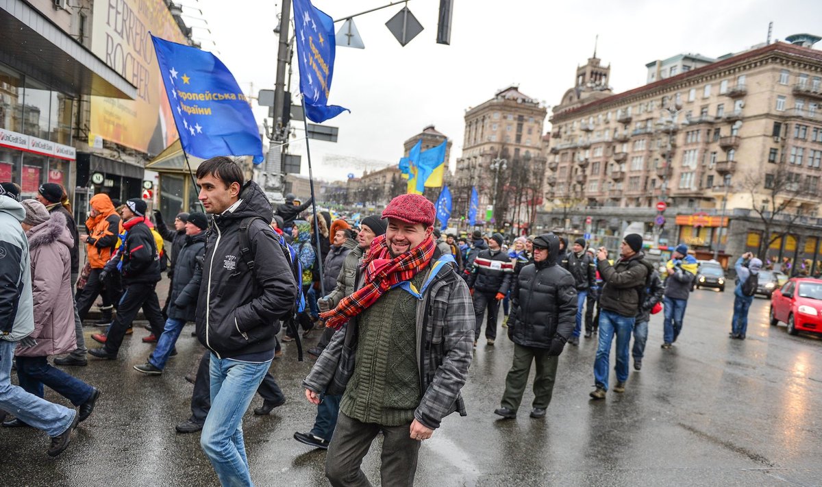 Loo autor (punase soniga) marssis 2013. aastal Maidanil koos euromeelsete ukrainlastega.