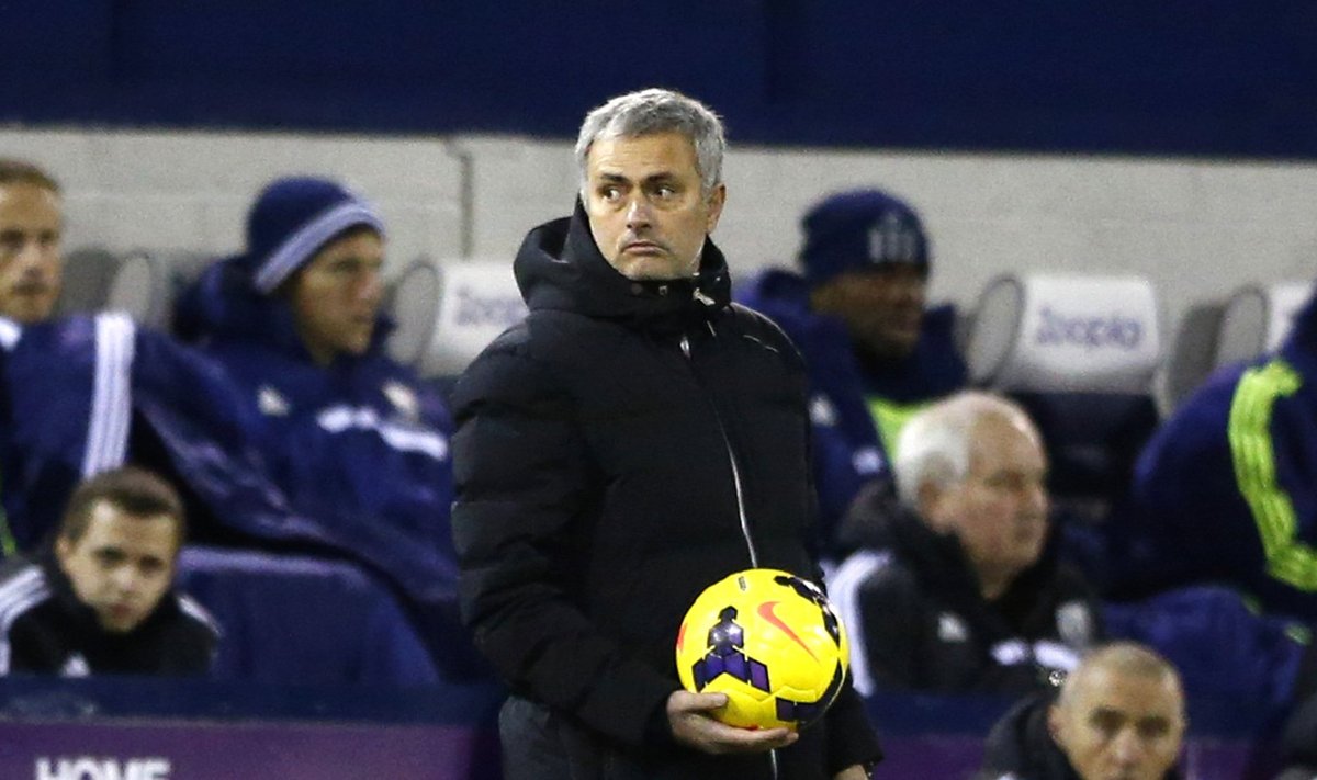 Chelsea manager Mourinho holds the ball during English Premier League soccer match against West Bromwich Albion in West Bromwich