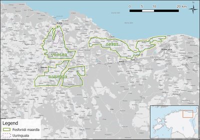 Kaardil on märgitud lilla piirjoonega ala, kus tänavu toimuvad maavarade uurimised.