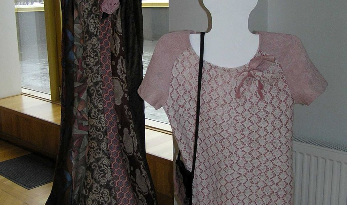 Uuskasutuse näiteks oli lipsudest kleit ja kootud pitsi abil uue ilme saanud kleit. Foto Reet Saar
