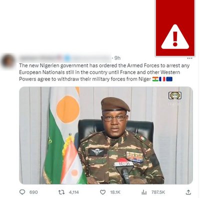 Подпись: «Новое правительство Нигера приказало вооруженным силам арестовывать всех иностранных граждан, до сих пор находящихся в стране, до тех пор, пока Франция и другие западные силы полностью не выведут свои войска».