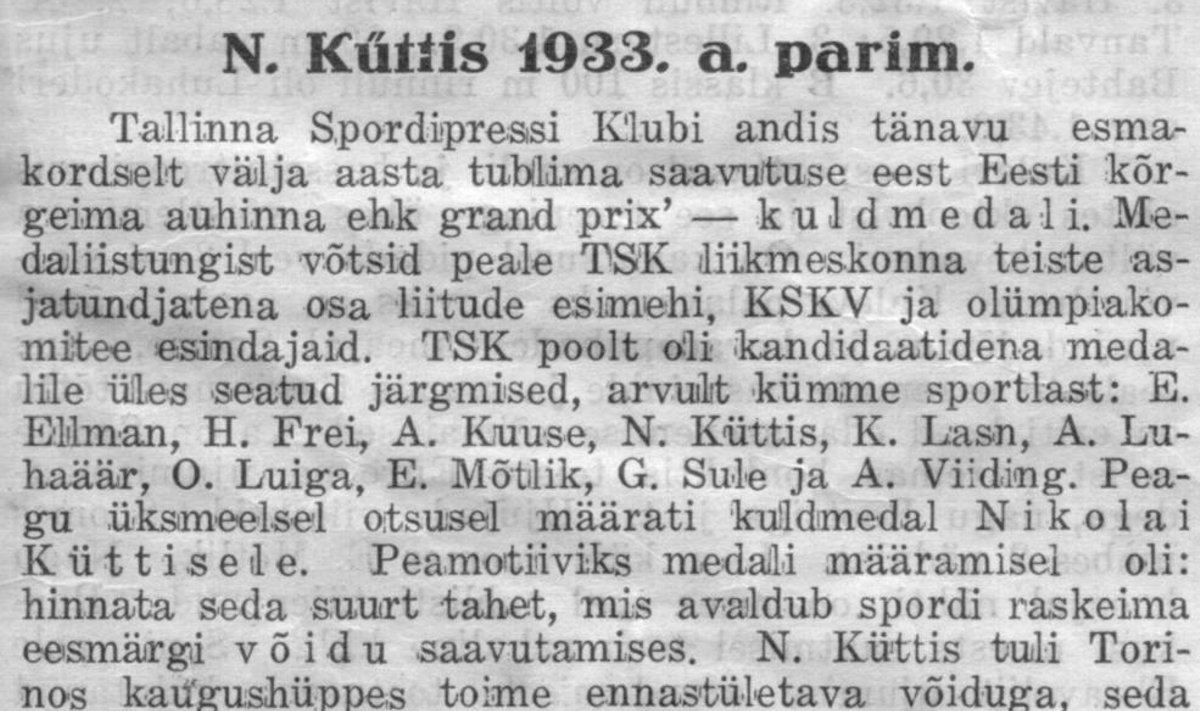 Selline uudis aasta sportlase valimise kohta ilmus Eesti Spordilehes 1933. aasta jõulunumbris.