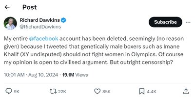 Dawkins X’s post that went viral and has since been deleted, in which he links his original tweet to the removal of his Facebook account.