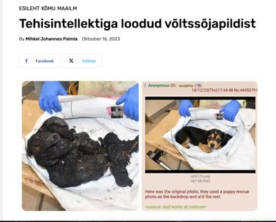 Kuvatõmmis portaalist Eesti Eest!. Vasakul on originaalfoto Netanyahu X-i kontolt, paremal viraalseks läinud postitus, mis väidab ekslikult, et koerapilt on originaal.