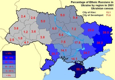 Venekeelse rahvastiku osakaal Ukrainas 2001. a.