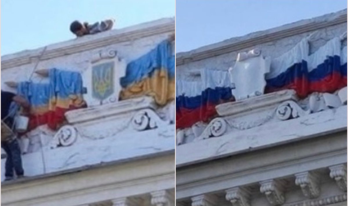 VENEMAA MÄRGISTAB OKUPEERITUD ALASID. Hiljuti teatasid okupatsioonivõimud Hersoni linna VKontakte ametlikul kontol, et Berdjanski prokuratuuri hoonel vahetati "Zelenskõi režiimi" sümboolika Venemaa riigilipu vastu.