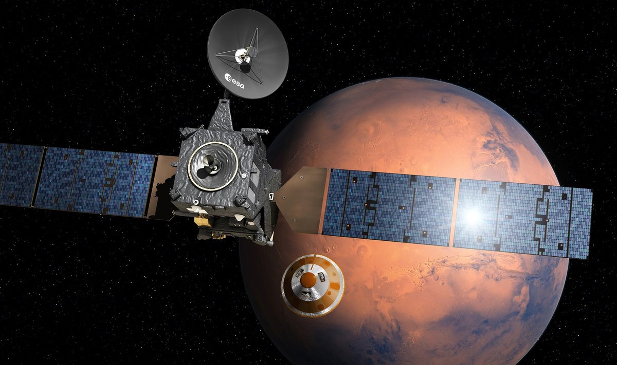 Kunstniku kujutlus sellest, kuidas Schiaparelli on end sondi küljest vabastanud ja alustab teekonda Marsi pinnale.