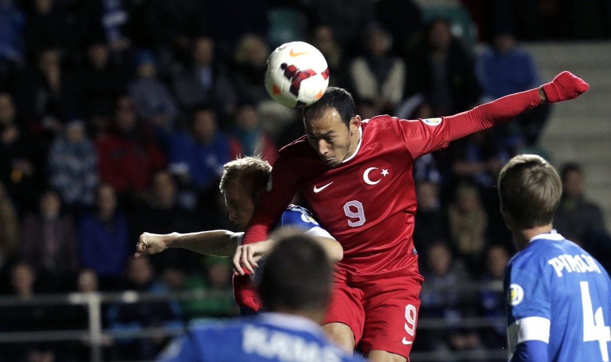Bulut of Turkey scores a goal during their 2014 World Cup qualifying soccer match against Estonia in Tallinn