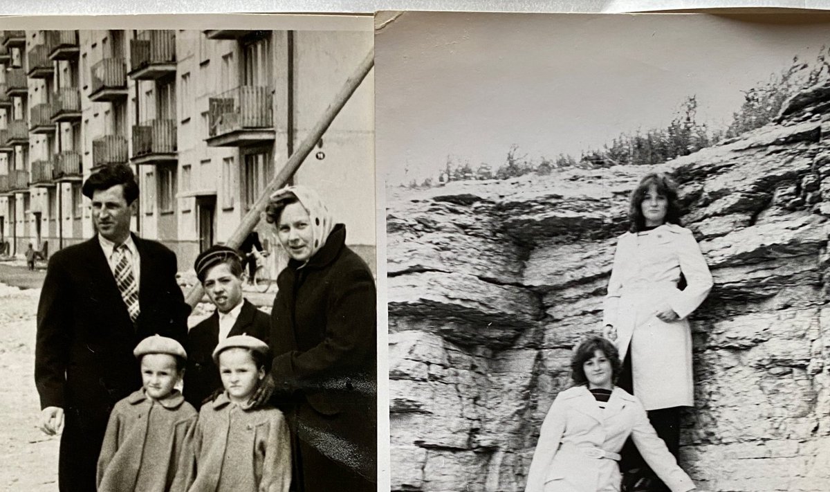 Vasakpoolne pilt: Äsja valminud Pae tn 15 korterelamu ja sinna korteri soetanud perekond.