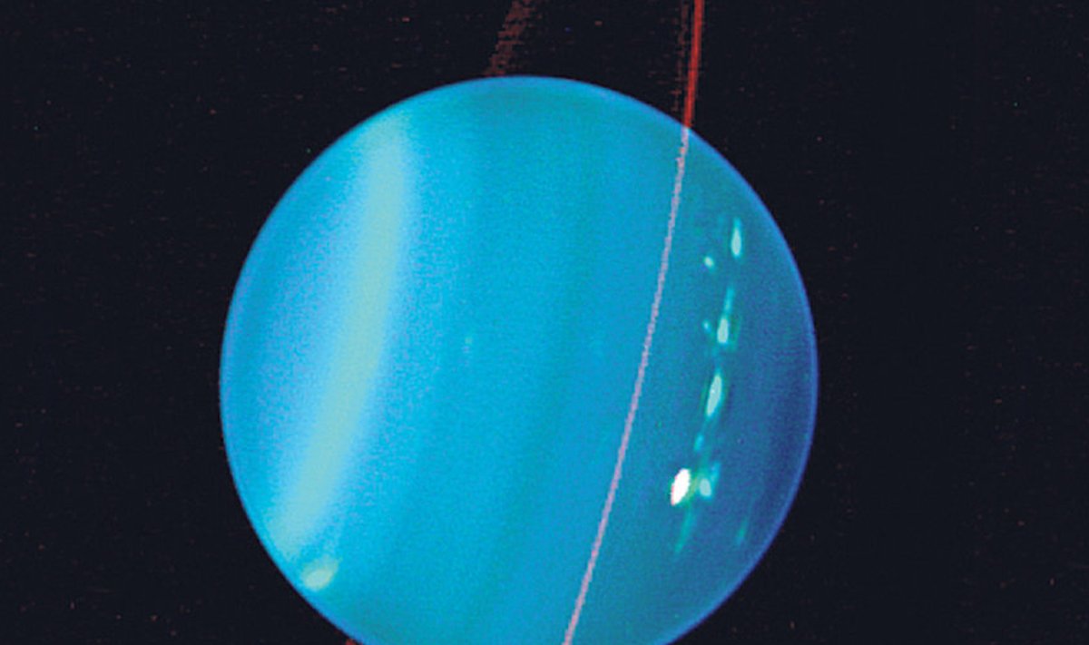 Uraan  ja tema  rõngad  aastal 2004. Põhjapoolus on paremal.