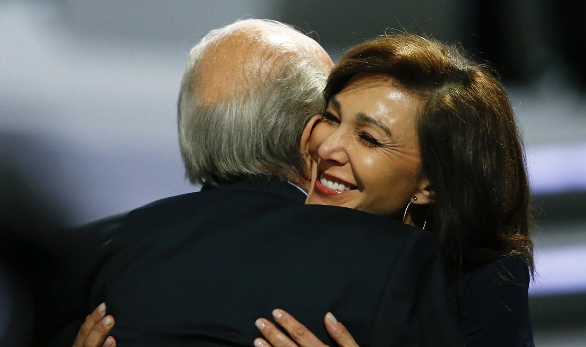 Barras embraces her partner Blatter before the election process at the 65th FIFA Congress in Zurich