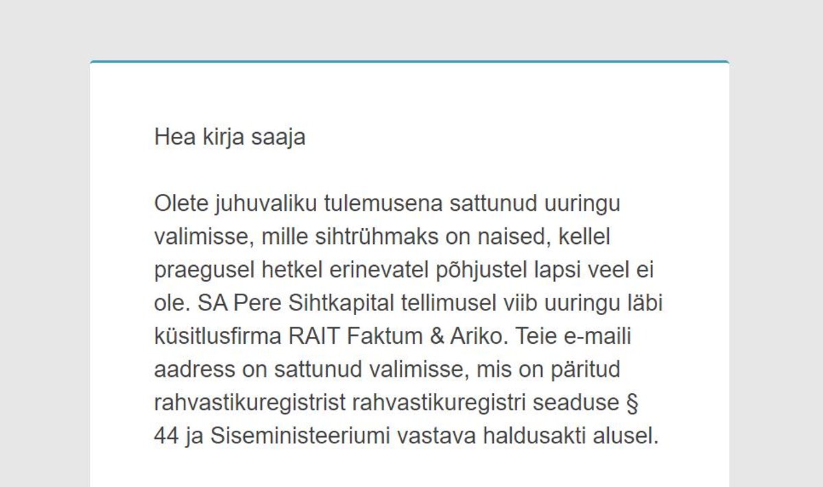 Kuvatõmmis kutsest Pere Sihtkapitali tellitud uuringus osalemiseks