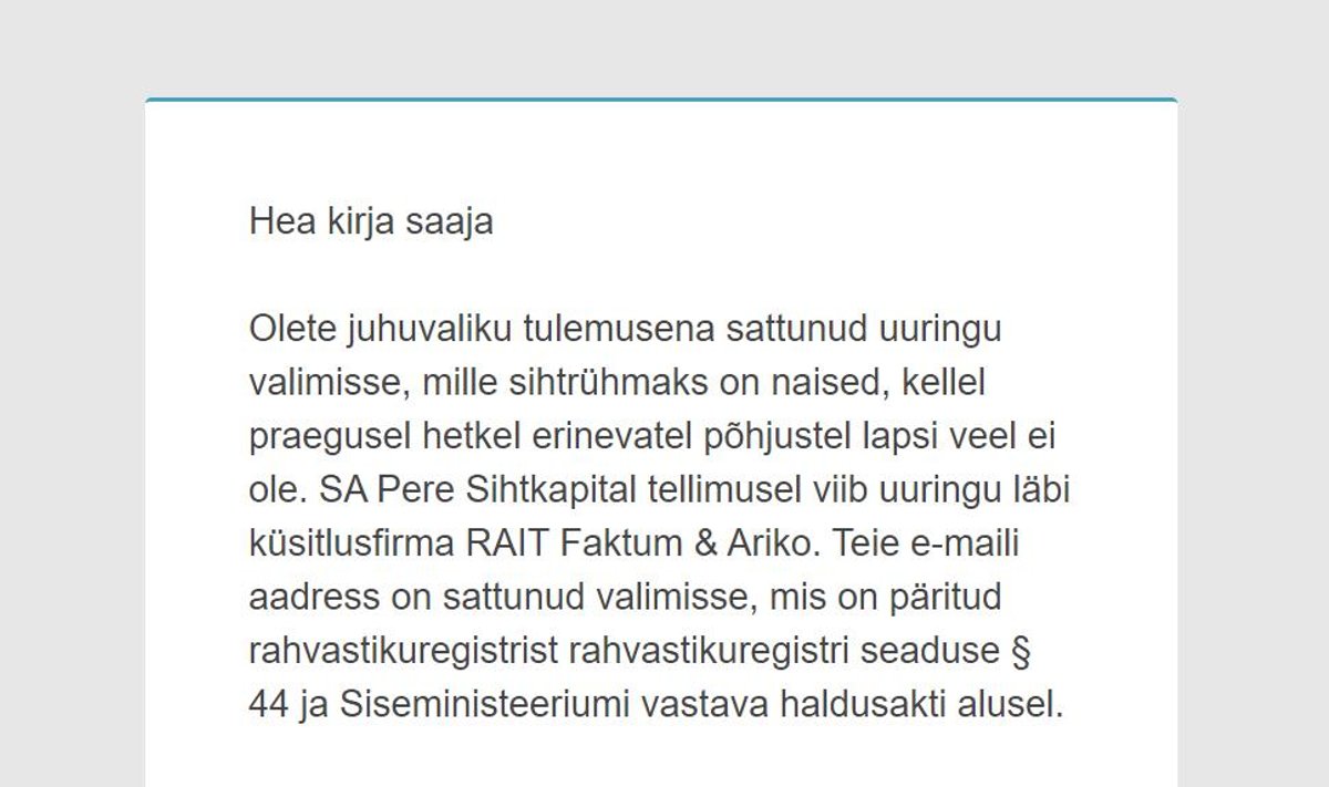 Kuvatõmmis kutsest Pere Sihtkapitali tellitud uuringus osalemiseks 