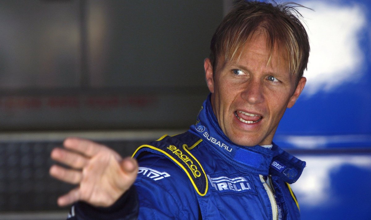 Subaru team driver Solberg of the Netherlands gestures at the end of the Shakedown special stage before the official start of the Rally of Italy in Sardinia