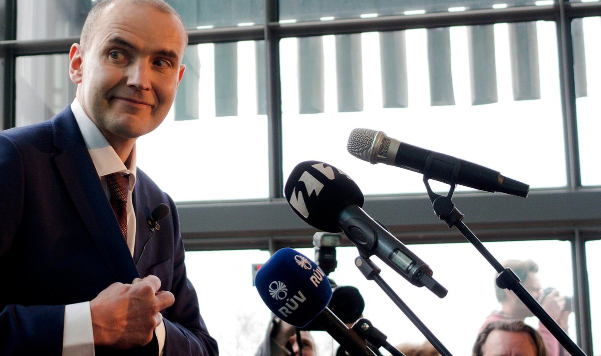 Johannesson reacts during a news conference in Kopavogur