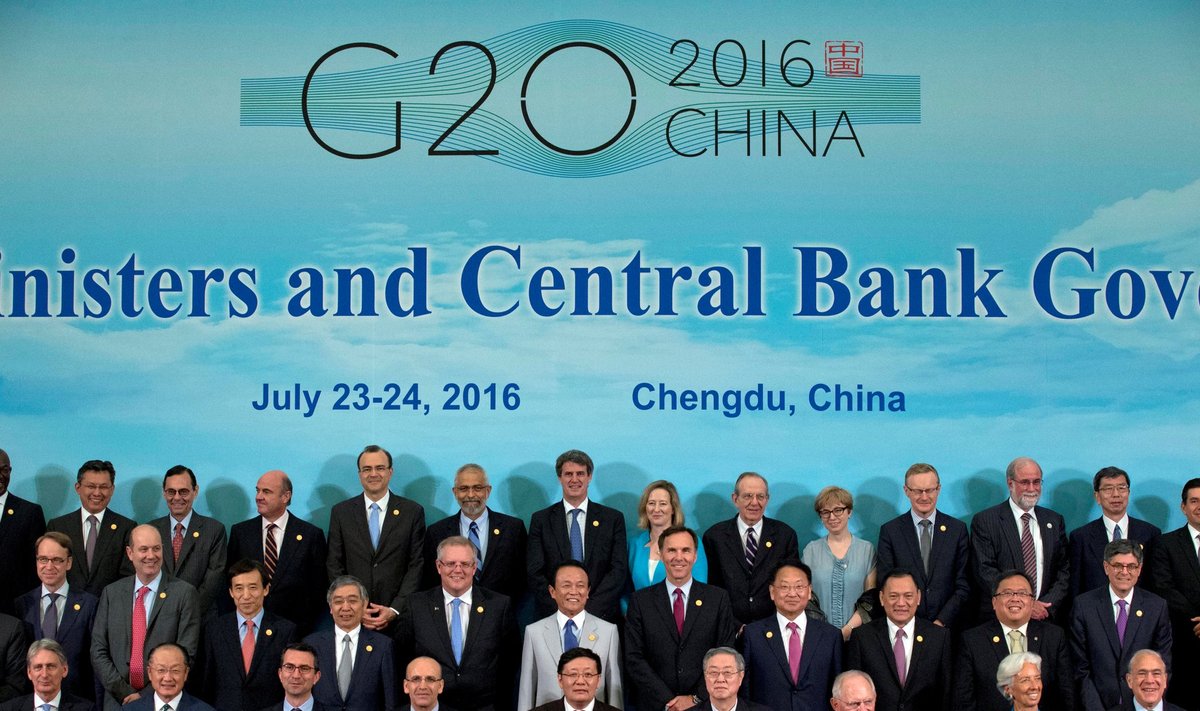 G20 Finance Ministers and Central Bank Governors pose for a group photo during a conference held in Chengdu in Southwestern China's Sichuan province