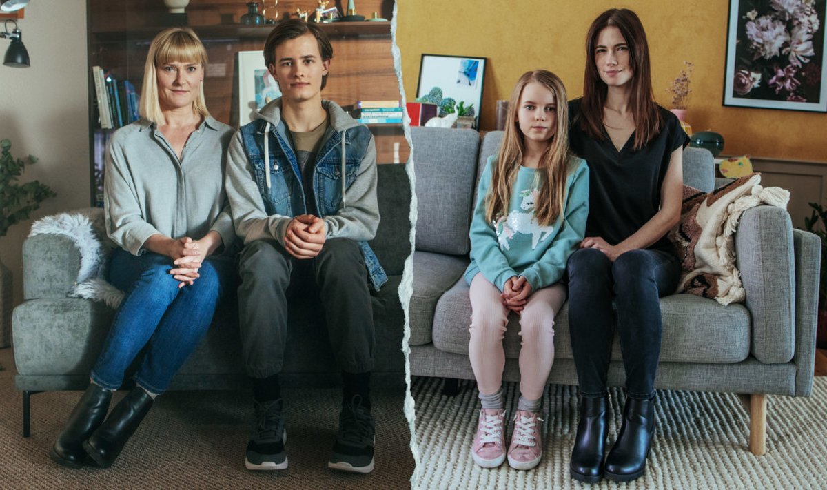 ÜHE MEHE NAISED ja lapsed: (Vasakult) Katri (Pirjo Lonka) ja tema teismeline poeg Aleks (Bruno Baer) ning Evelin (Sara Soulié) koos algkooliealise tütre Ailega (Ella Kangas).