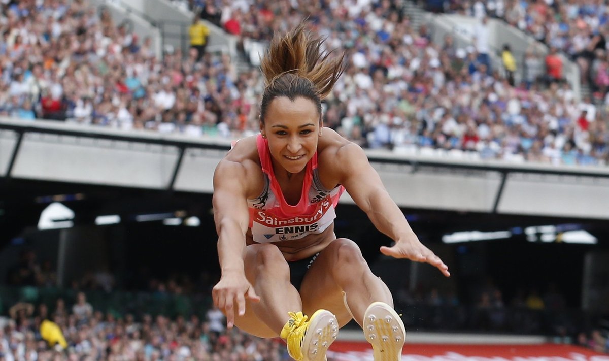 Great Britain's Jessica Ennis-Hill competes in the women's long jump event at the London Diamond League 'Anniversary Games' athletics meeting in east London