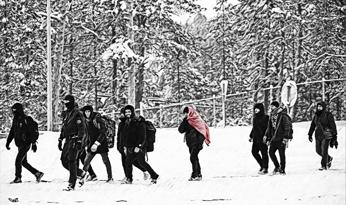 Soome piirivalve Raja-Jooseppi piiripunktis asüülitaotlejaid eskortimas.