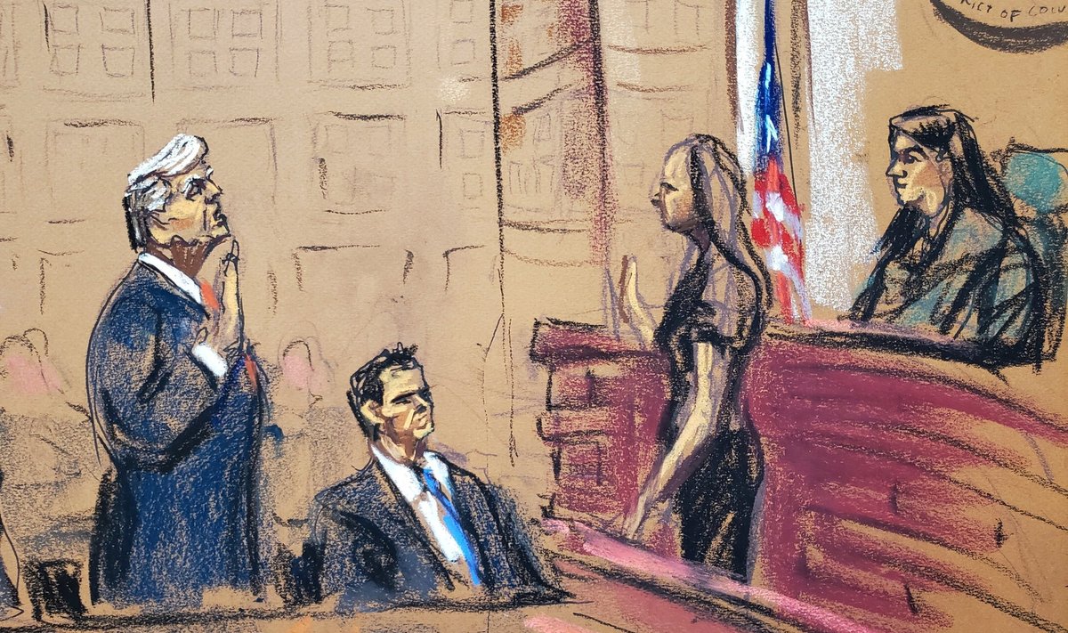Donald Trump (vasakul) annab augusti algul Washingtoni kohtus vannet. USAs reeglina ei tohi kohtusaalis fotosid teha, seepärast joonistavad kunstnikud seal kiirvisandeid. Trumpi kõrval istub tema kaitsja John Lauro.