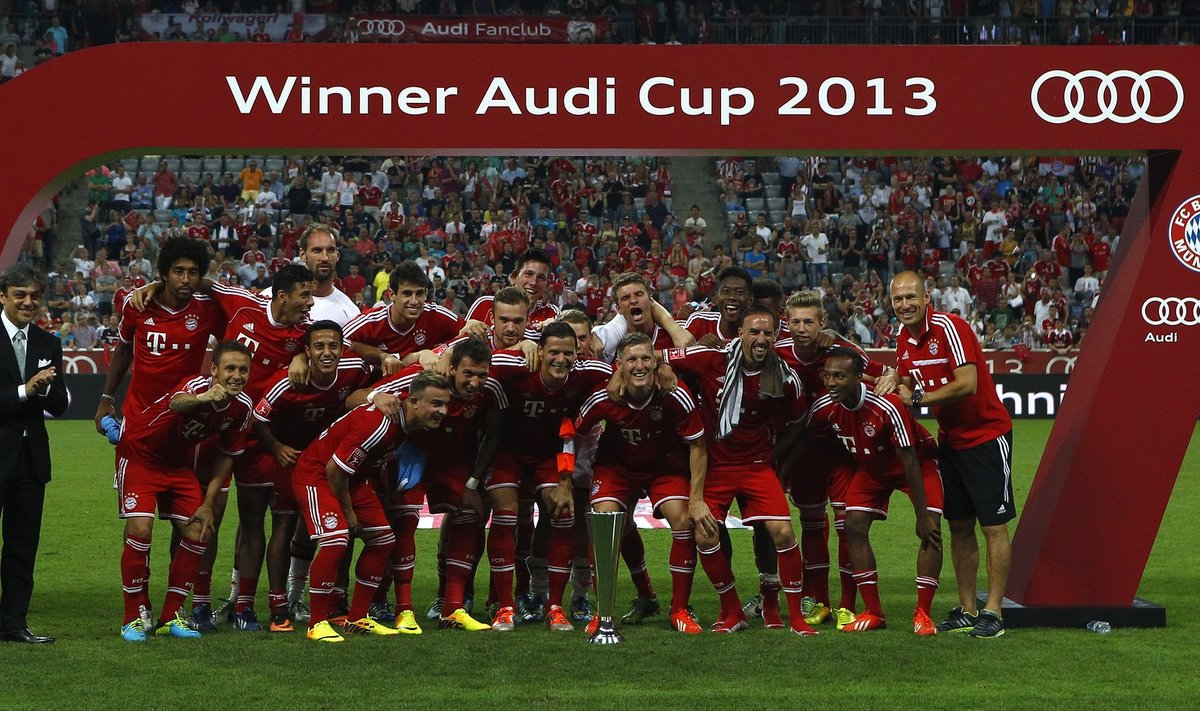 Bayern Munich's team celebrates victory after final match against Manchester City at friendly soccer tournament in Munich