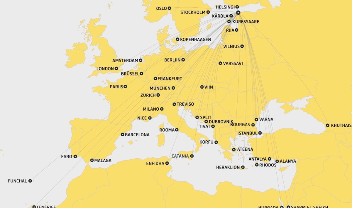 КАРТА ПОЛЕТОВ: Пункты назначения, в которые можно долететь прямыми (чартерными или регулярными) рейсами из Таллинна. Карта носит иллюстративный характер, полёты не осуществляют через воздушные пространства России, Украины и Беларуси.